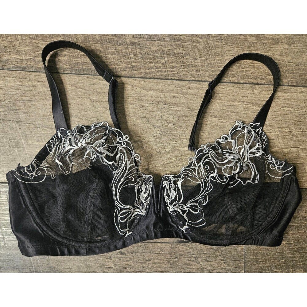 Cacique Sheer Black Bra Lingerie White Lace Size 40D